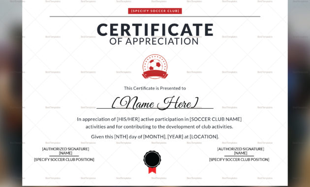 Soccer Appreciation Certificate Design Template In Psd Word Inside Football Certificate Template