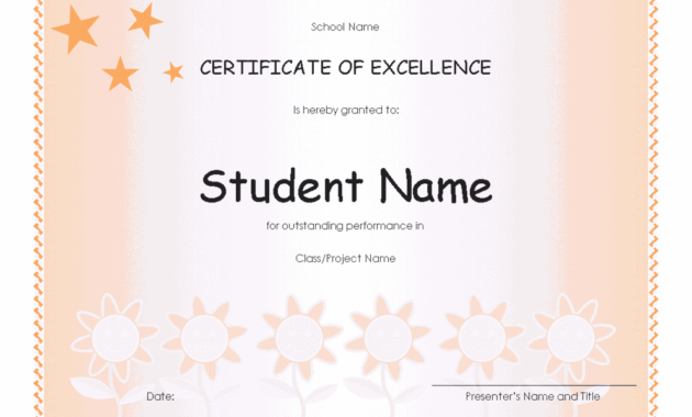 Student Excellence Award Elementary Free Certificate Within Academic Excellence Certificate