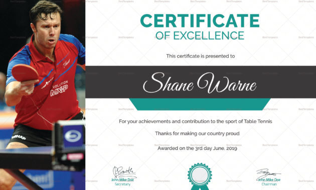 Table Tennis Excellence Certificate Design Template In Psd Pertaining To Tennis Certificate Template Free
