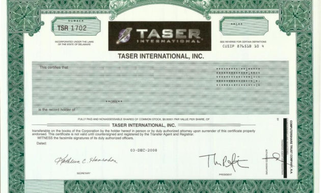 Taser International Stock Certificate With Regard To Best Share Certificate Template Companies House