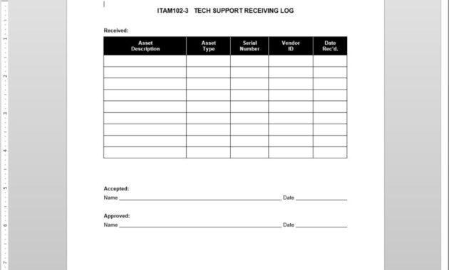 Tech Support Receiving Log Template Throughout Shipping Log Template