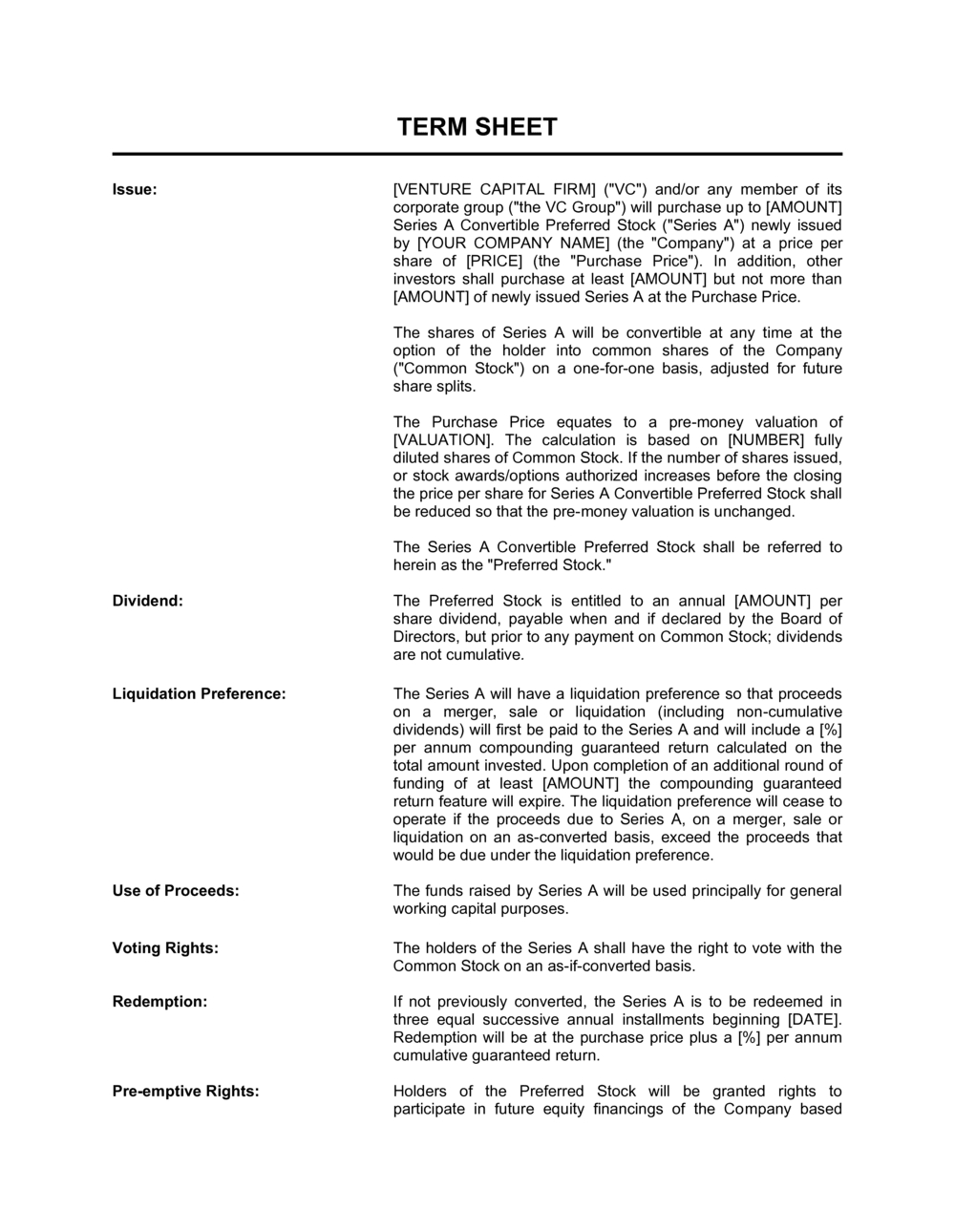 Term Sheet Template Businessinabox™ With Regard To Business In A Box Templates