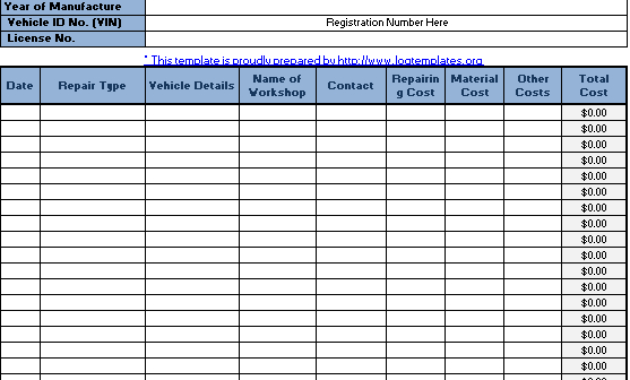 Vehicle Repairing Log Templates 5 Free Printable Word Pertaining To Printable Building Maintenance Log Template
