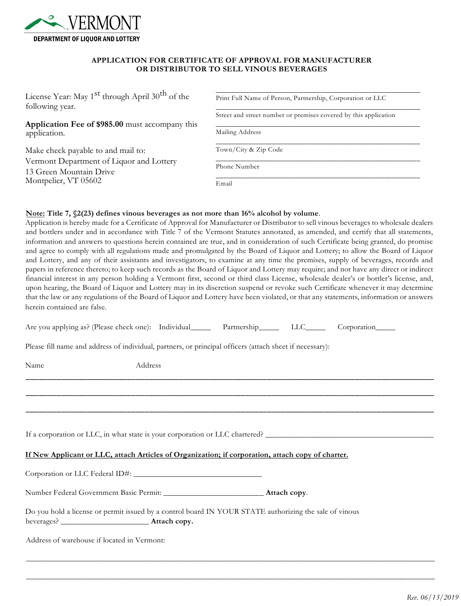 Vermont Application For Certificate Of Approval For Intended For Free Certificate Of Manufacture Template