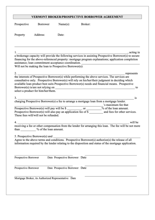 Vermont Broker/Prospective Borrower Agreement Template Regarding Business Broker Agreement Template