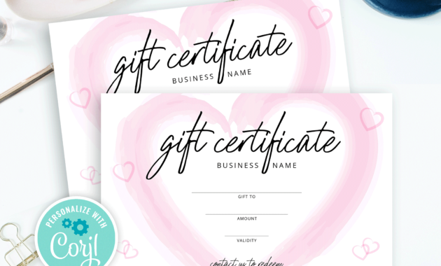 Watercolor Gift Certificate Template Pink Heart Diy In Pink Gift Certificate Template