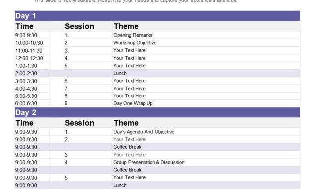 Workshop Agenda Day One Day Two Time Session And Theme Regarding Awesome Agenda Template For Training Session