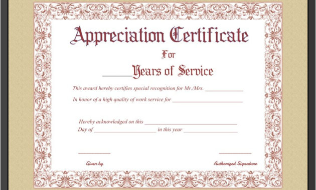 Years Of Service Certificate Template Free Regarding Recognition Of Service Certificate Template