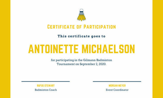 Yellow Badminton Icon Sport Certificate Templatescanva For Amazing Badminton Achievement Certificates