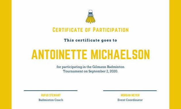 Yellow Badminton Icon Sport Certificate Templatescanva Regarding Printable Badminton Certificate Template