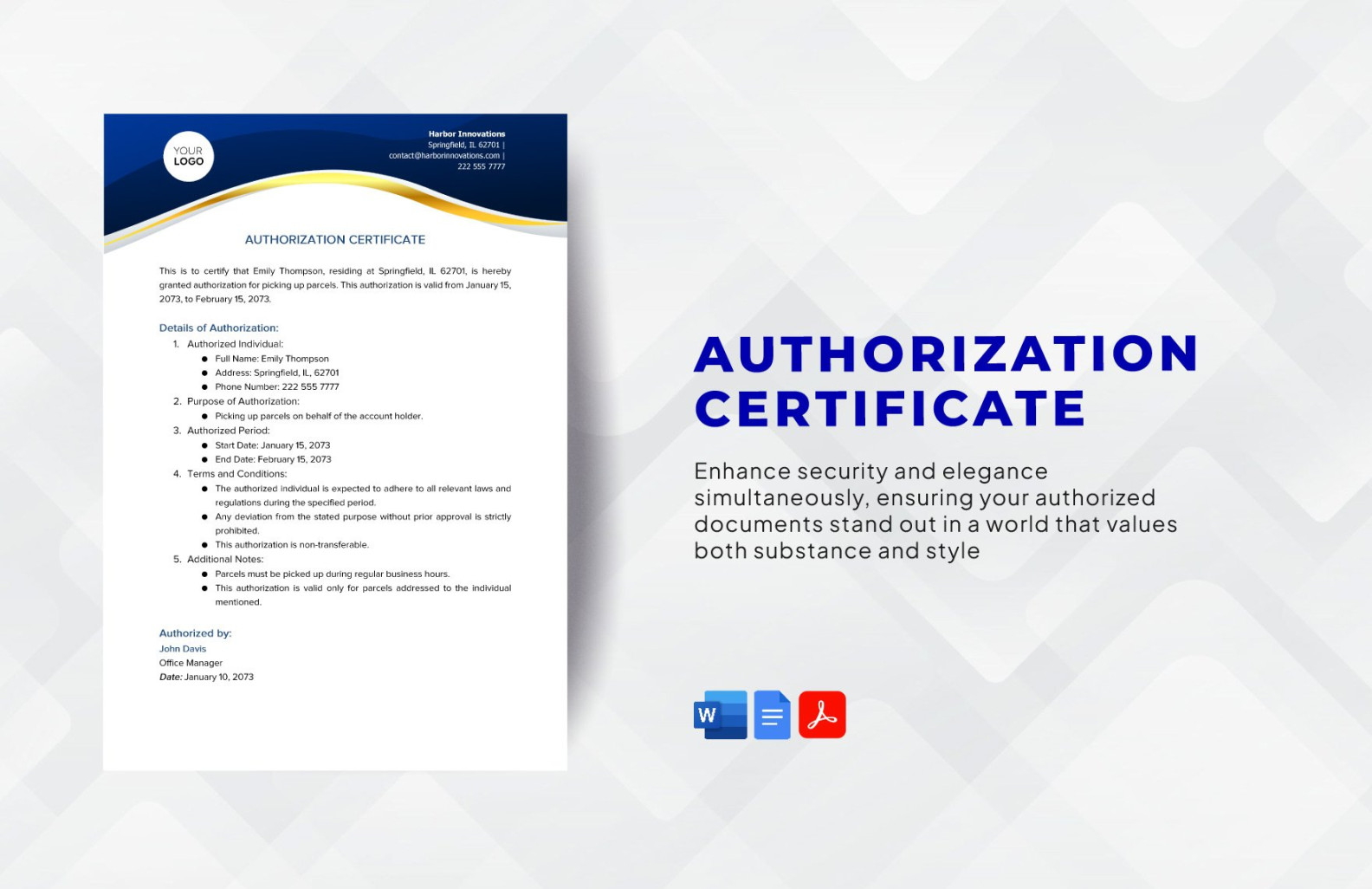 Authorization Certificate Template in Word, PDF, Google Docs Authorization Certificate Template in Word, PDF, Google Docs