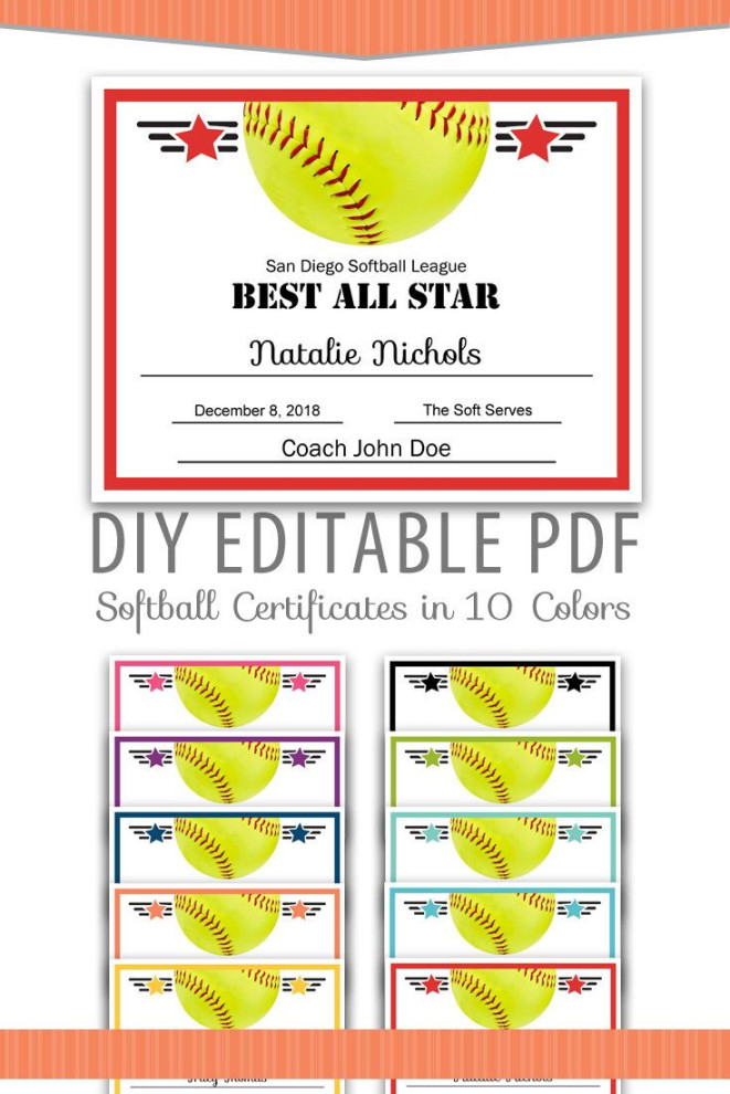 Editable PDF Sports Team Softball Certificate Award Template in Editable PDF Sports Team Softball Certificate Award Template in