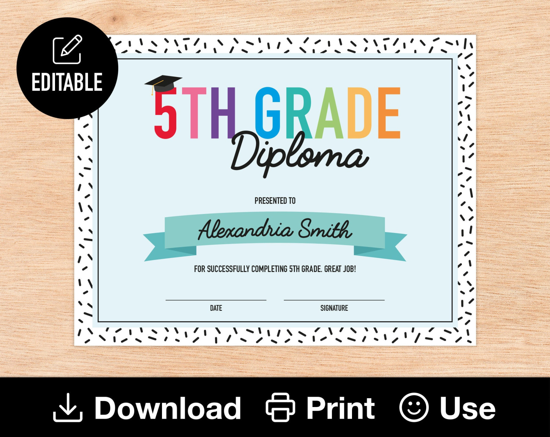 Editable th Grade Diploma, Printable Certificate for Class, End Editable th Grade Diploma, Printable Certificate for Class, End