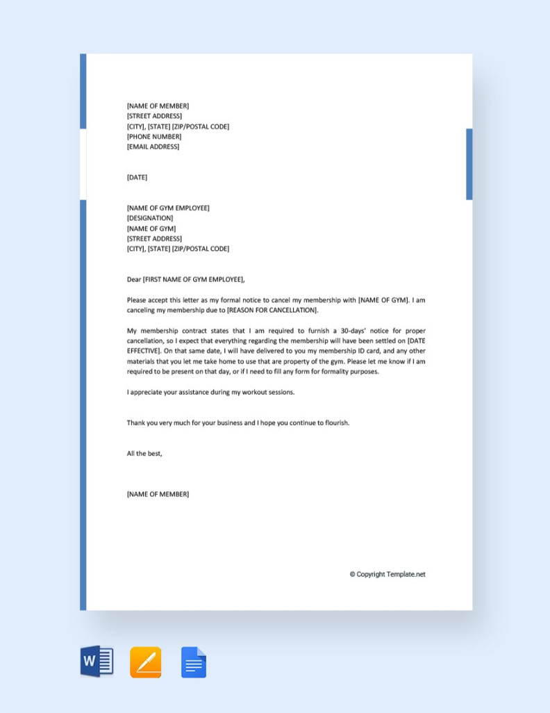 Gym Membership Cancellation Letter Template in Google Docs, Word Gym Membership Cancellation Letter Template in Google Docs, Word