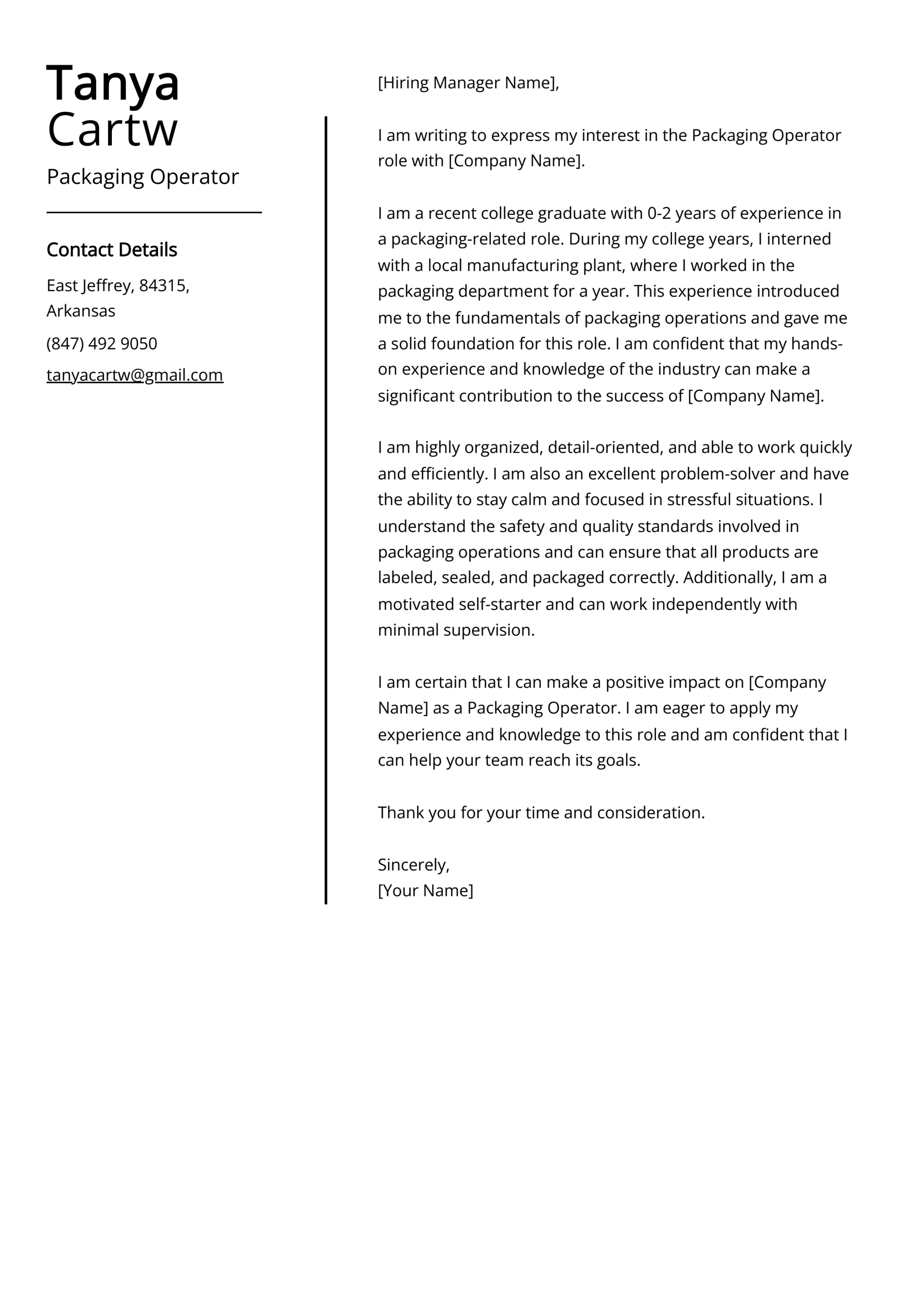 Packaging Operator Cover Letter Example (Free Guide) Packaging Operator Cover Letter Example (Free Guide)