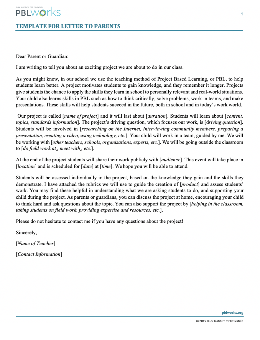 Template for Letter to Parents MyPBLWorks Template for Letter to Parents MyPBLWorks