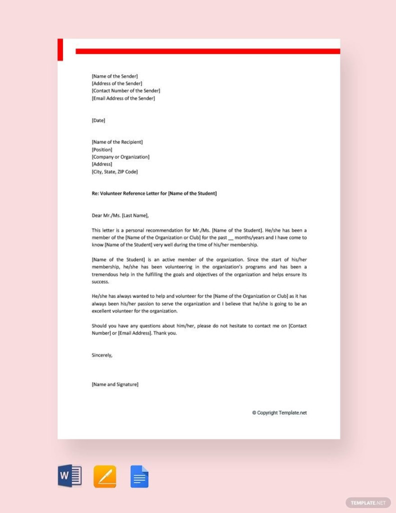 Volunteer Reference Letter For Student in Pages, PDF, Word, Google Volunteer Reference Letter For Student in Pages, PDF, Word, Google