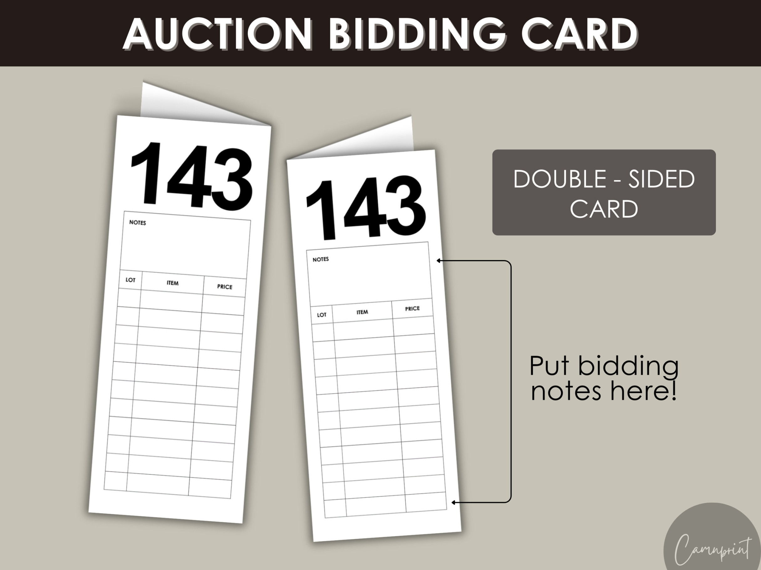 Auction Bid Card Printable Numbered Cards with Notes, Auction Printable for  Non-profit / School Auction / Charity and Fundraising Events PDF