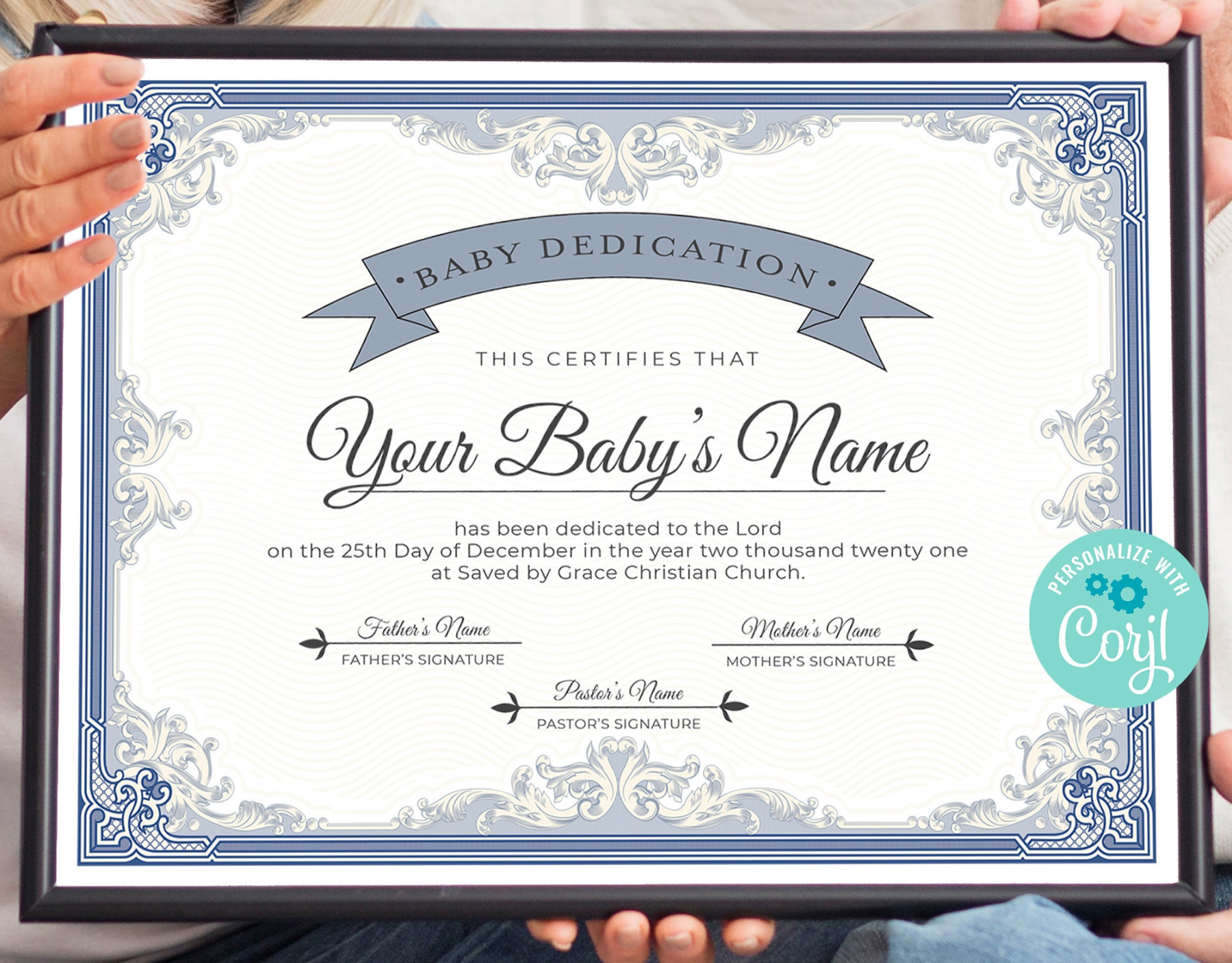 Blue Baby Dedication Certificate, Editable Baby Christening Blue Baby Dedication Certificate, Editable Baby Christening