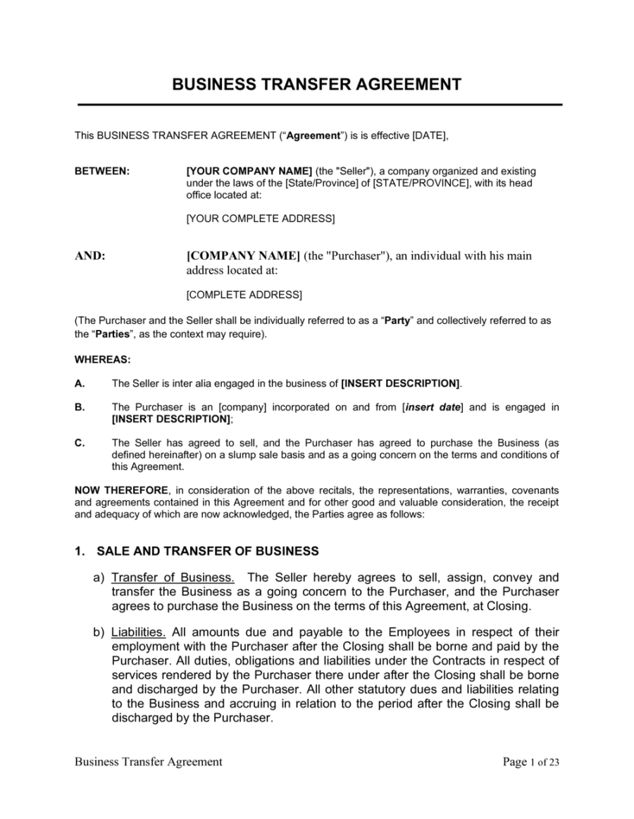 Business Transfer Agreement Template [Download Business Transfer Agreement Template [Download