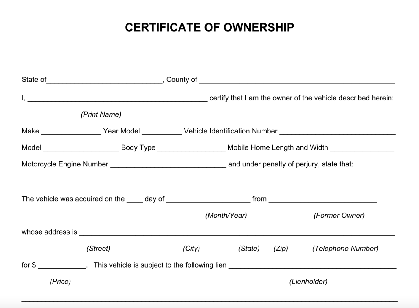 Certificate Of Ownership Certificate Of Ownership