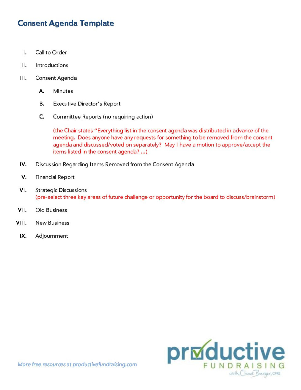 Consent Agenda Template • Productive Fundraising Consent Agenda Template • Productive Fundraising