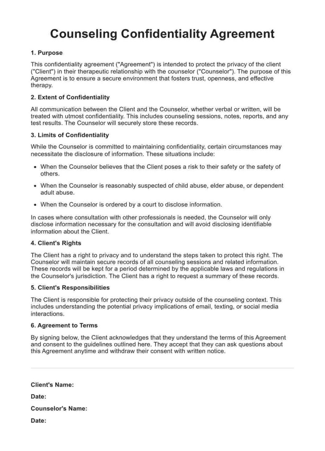 Counseling Confidentiality Agreements & Example Free PDF Download Counseling Confidentiality Agreements & Example Free PDF Download