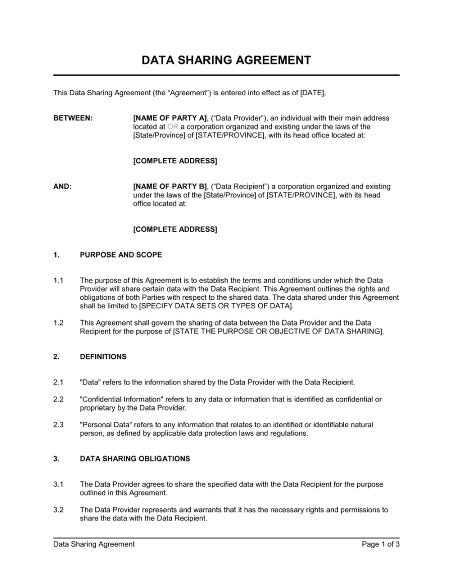 Data Sharing Agreement Template [Download Data Sharing Agreement Template [Download