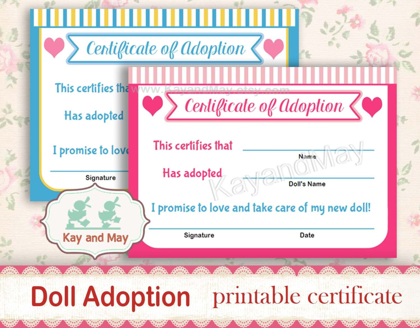 DOLL ADOPTION Certificate, adopt a doll party, printable certificate for baby doll, plushie doll, soft rag doll, digital download #KM- DOLL ADOPTION Certificate, adopt a doll party, printable certificate for baby doll, plushie doll, soft rag doll, digital download #KM-