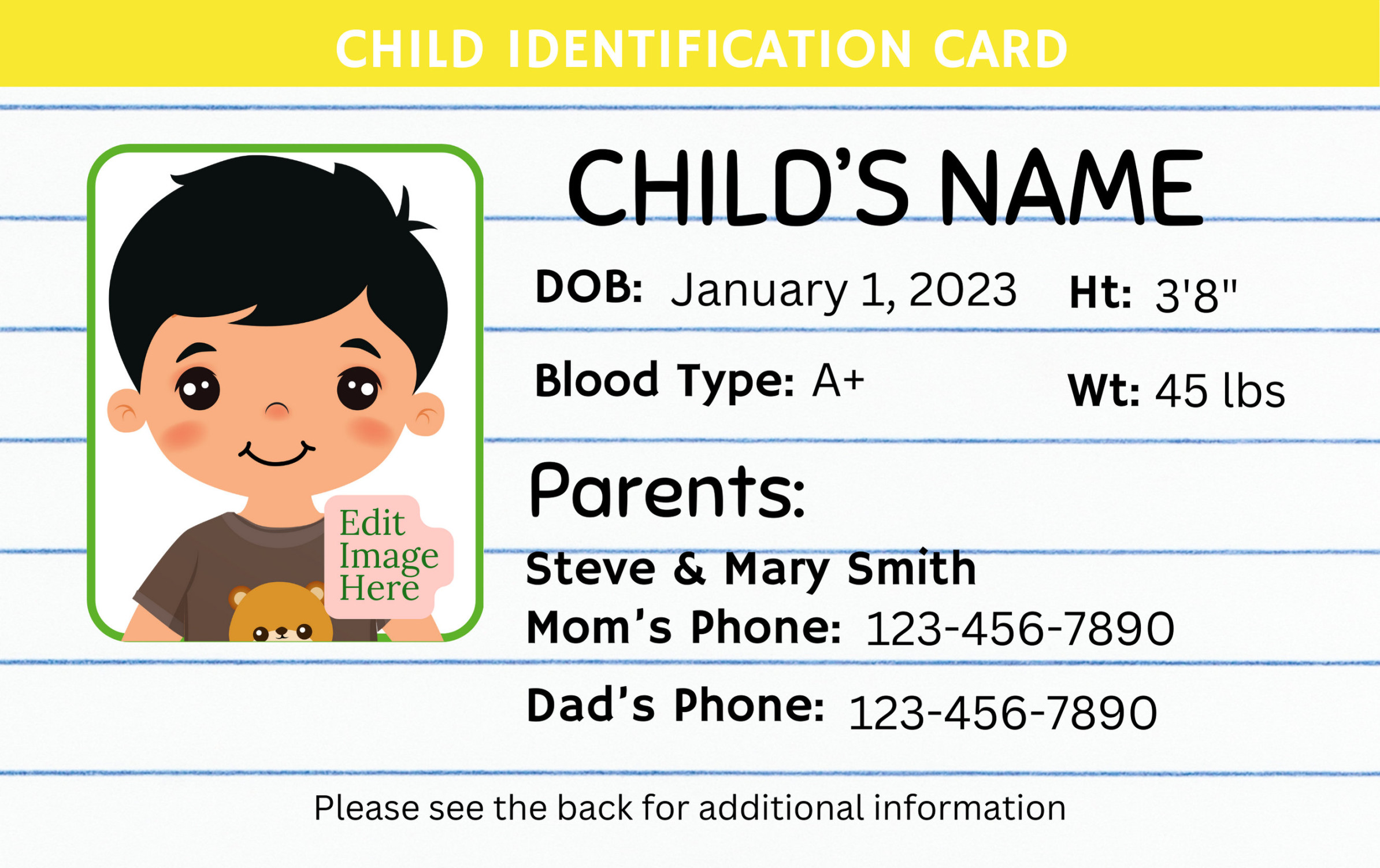 Editable Child ID Card Canva Template, Custom Kid ID Card Editable Child ID Card Canva Template, Custom Kid ID Card