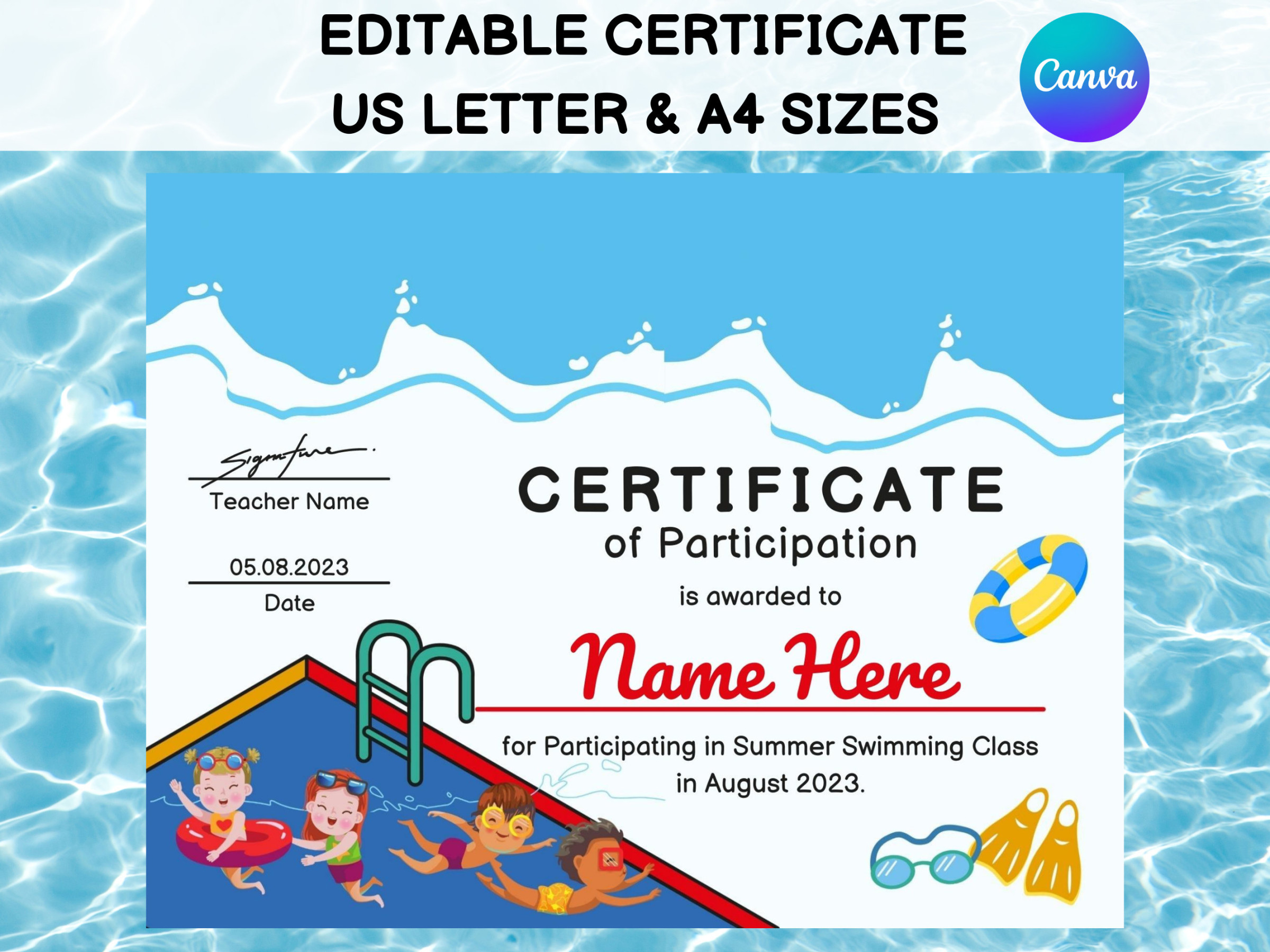 Editable Swimming Certificate Template, Kids Sports Swimming Award