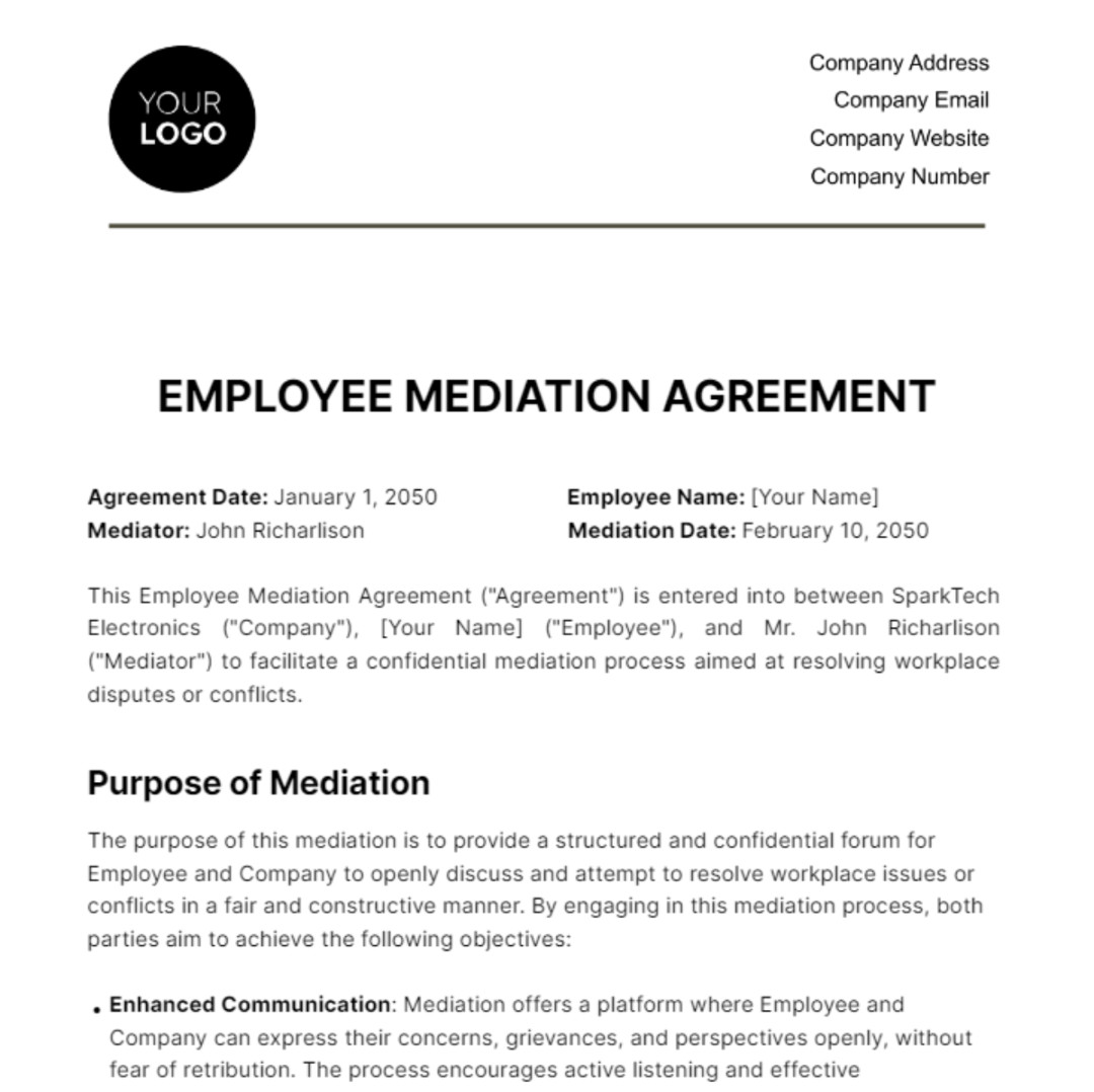 Employee Mediation Agreement HR Template - Edit Online & Download Employee Mediation Agreement HR Template - Edit Online & Download