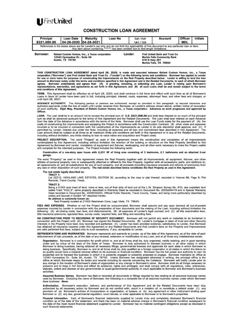 Form of Construction Loan Agreement dated April , , by Form of Construction Loan Agreement dated April , , by