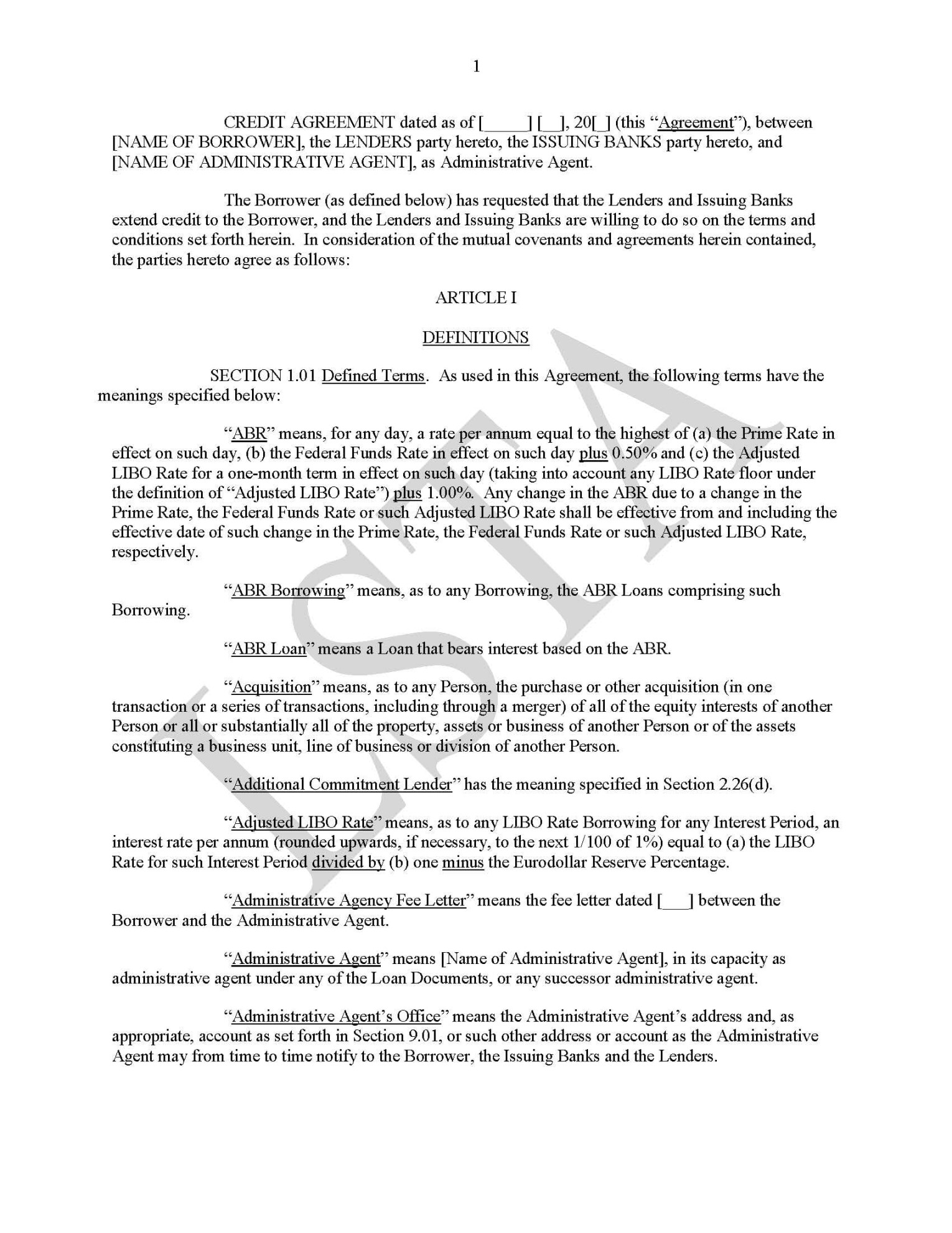 Form of Credit Agreement – Revolving Credit Facility (Nov Form of Credit Agreement – Revolving Credit Facility (Nov
