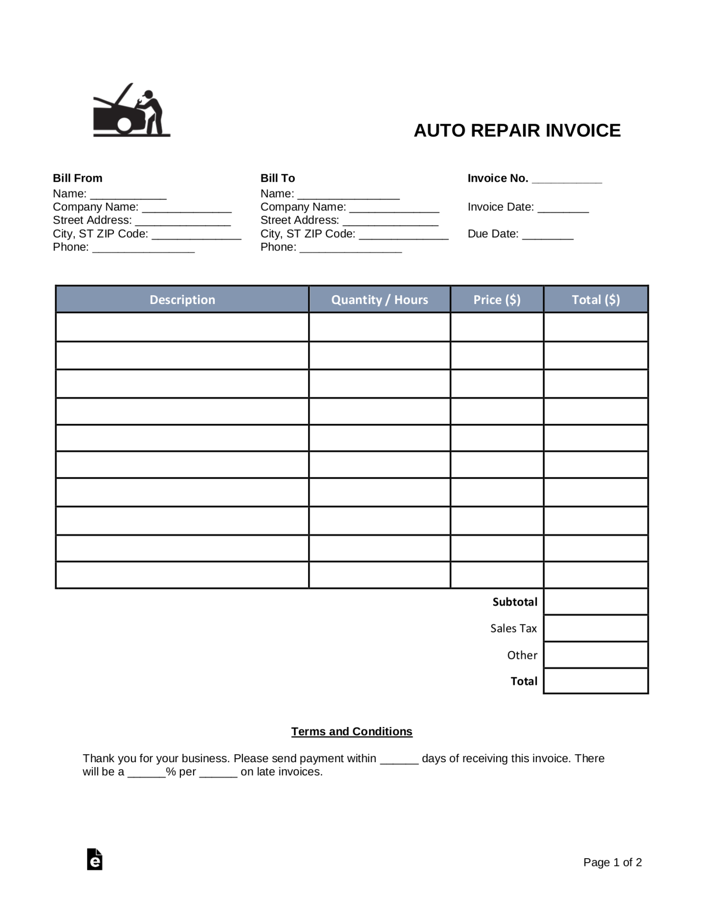 Free Auto Body (Mechanic) Invoice Template - PDF Word – eForms Free Auto Body (Mechanic) Invoice Template - PDF Word – eForms