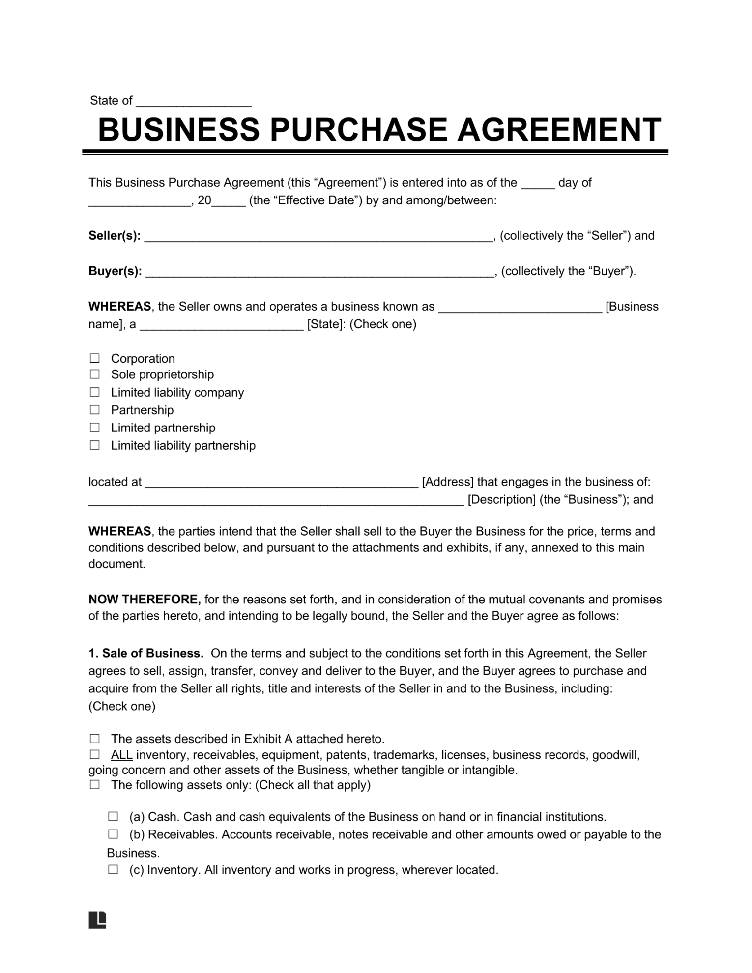 Free Business Purchase Agreement Template  PDF & Word