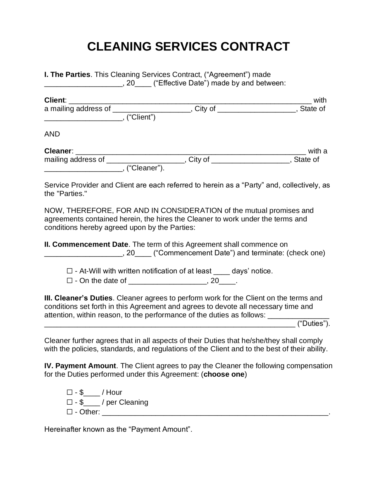 Free Cleaning Service Contract Template - PDF Word – eForms Free Cleaning Service Contract Template - PDF Word – eForms
