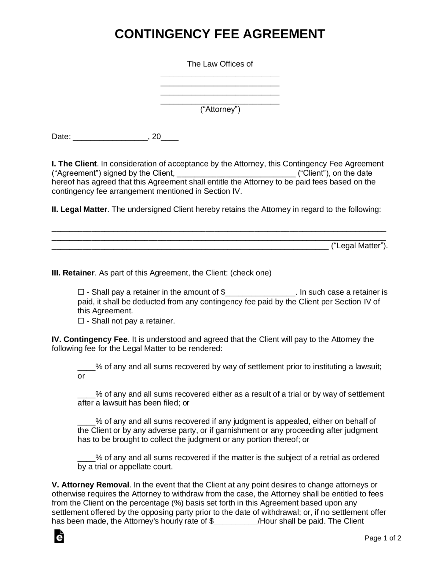Free Contingency Fee Agreement Template - Sample - PDF Word – eForms Free Contingency Fee Agreement Template - Sample - PDF Word – eForms