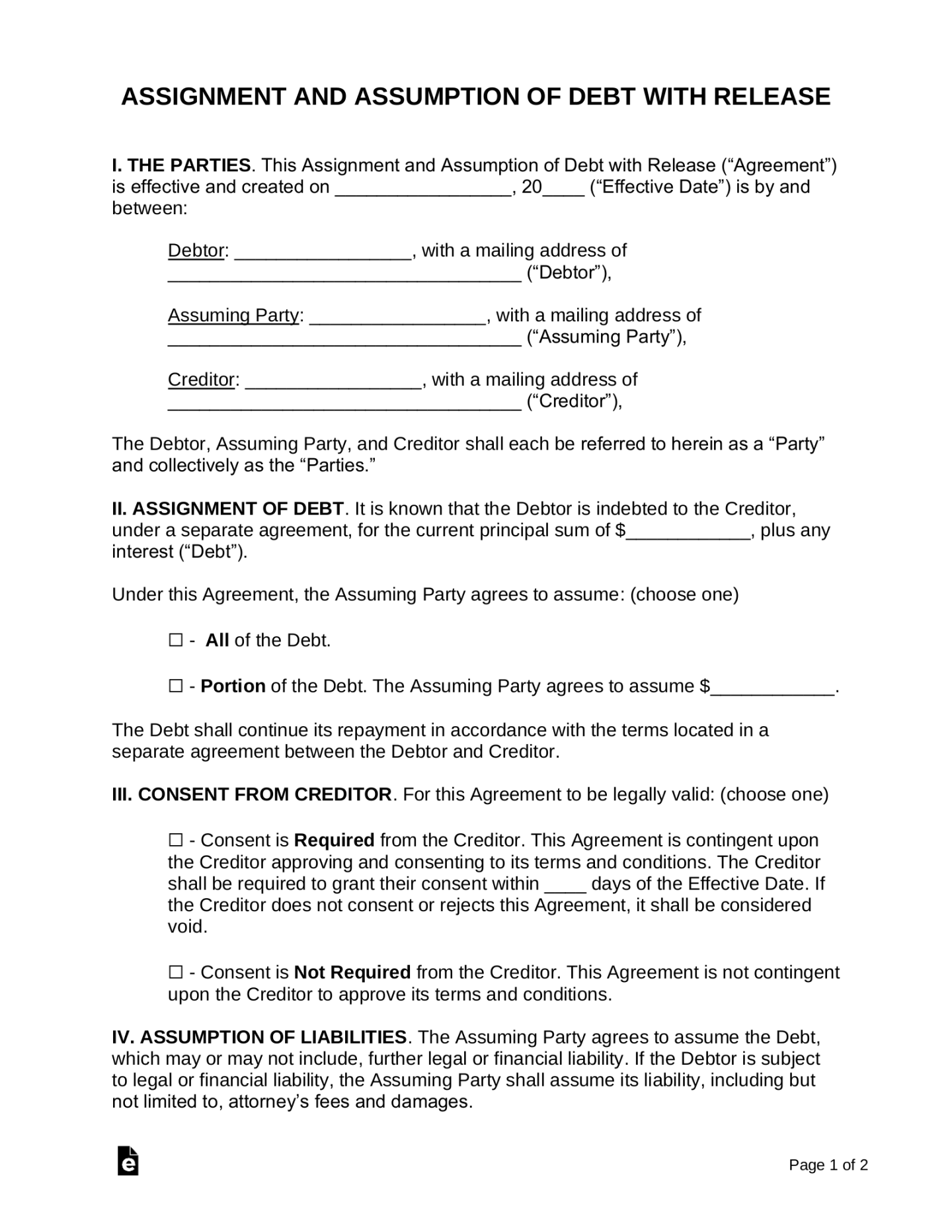 Free Debt Assignment and Assumption Agreement Sample - PDF Free Debt Assignment and Assumption Agreement Sample - PDF