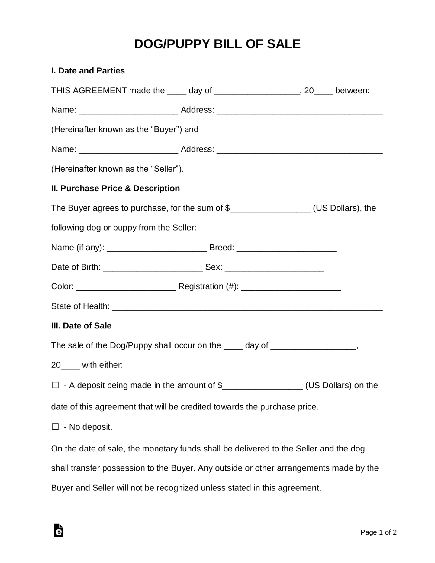 Free Dog/Puppy Bill of Sale Form - PDF Word – eForms Free Dog/Puppy Bill of Sale Form - PDF Word – eForms