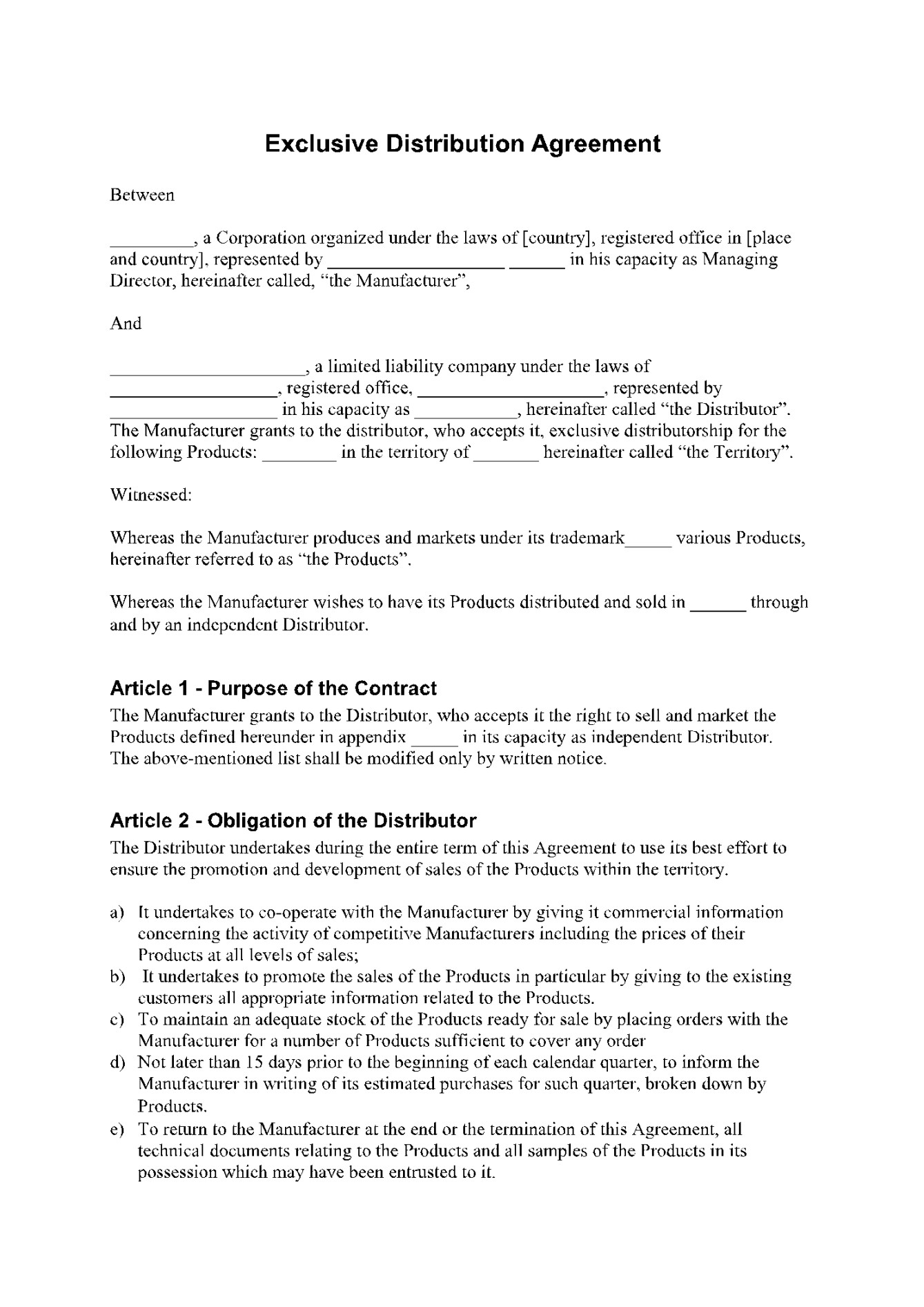 Free Exclusive Distribution Agreement Template ( Updated) Free Exclusive Distribution Agreement Template ( Updated)