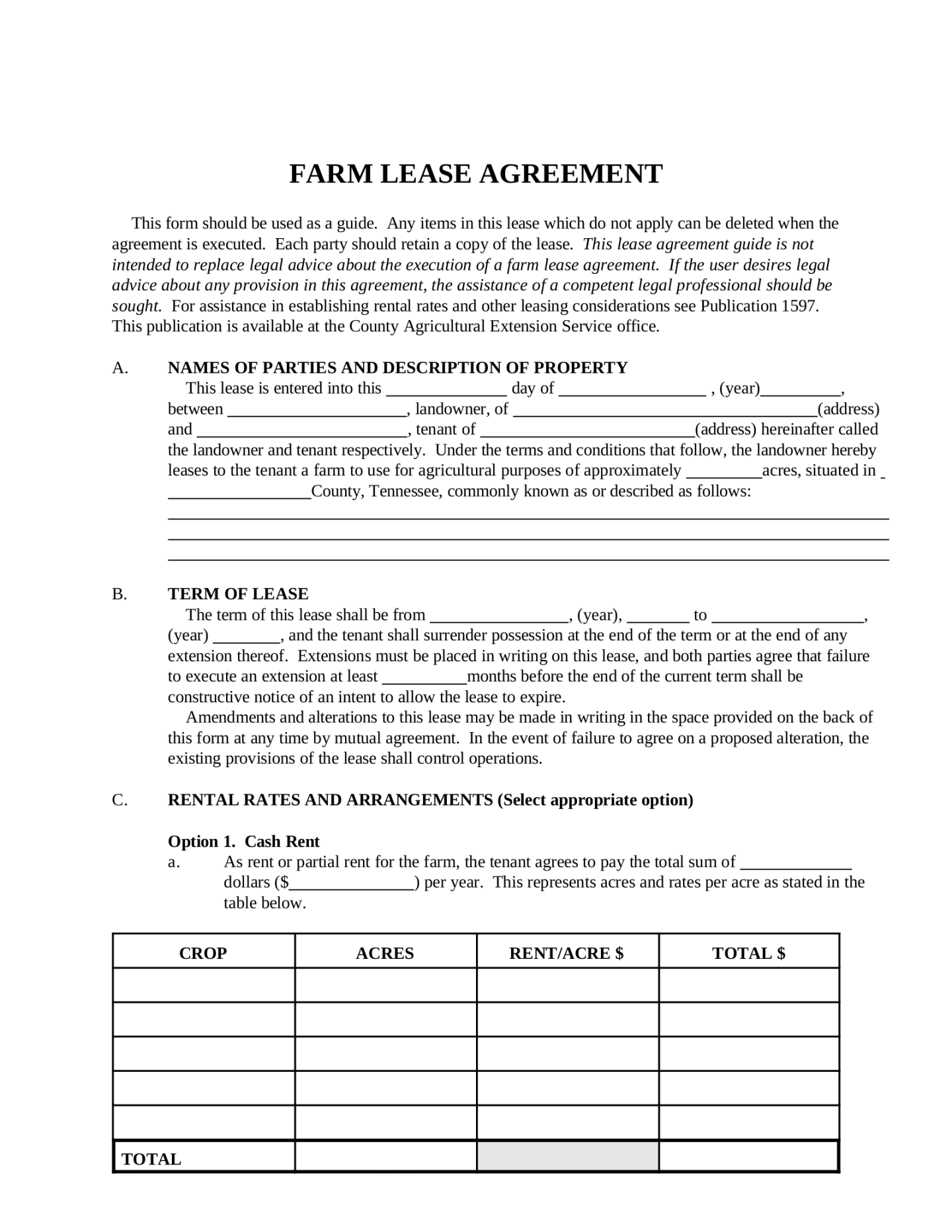 Free Tennessee Farm Lease Agreement Template - PDF – eForms Free Tennessee Farm Lease Agreement Template - PDF – eForms