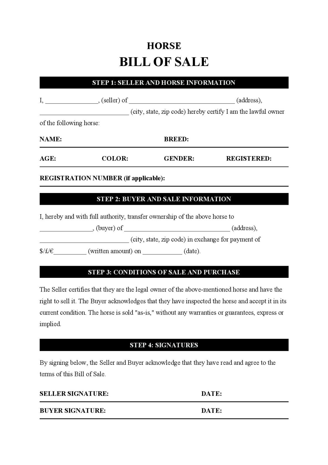 Horse Bill of Sale Template - Free Download - Easy Legal Docs