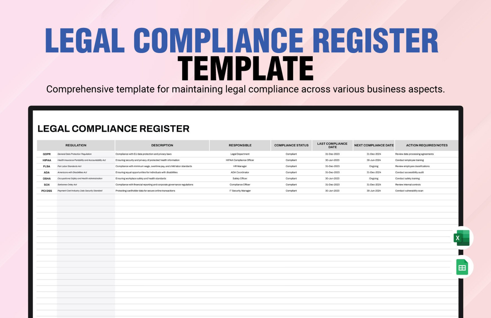 Legal Compliance Register Template in MS Excel, Google Sheets Legal Compliance Register Template in MS Excel, Google Sheets