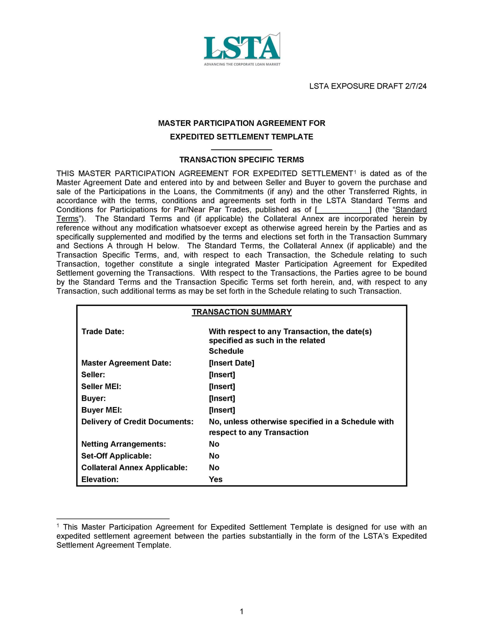 LSTA Master Participation Agreement for Expedited Settlement LSTA Master Participation Agreement for Expedited Settlement