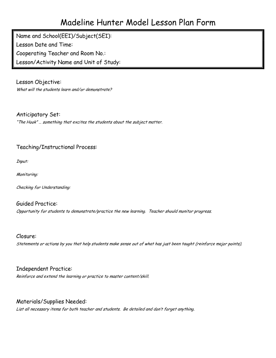 madeline hunter lesson plan template madeline hunter lesson plan template