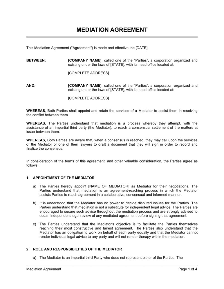 Mediation Agreement Template [Download Mediation Agreement Template [Download