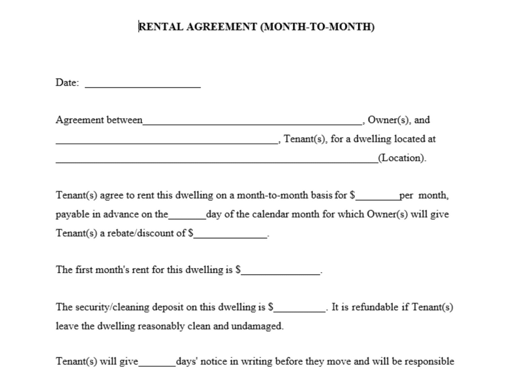 MONTH-TO-MONTH Rental Agreement/ Editable Rental Agreement/ Simple MONTH-TO-MONTH Rental Agreement/ Editable Rental Agreement/ Simple