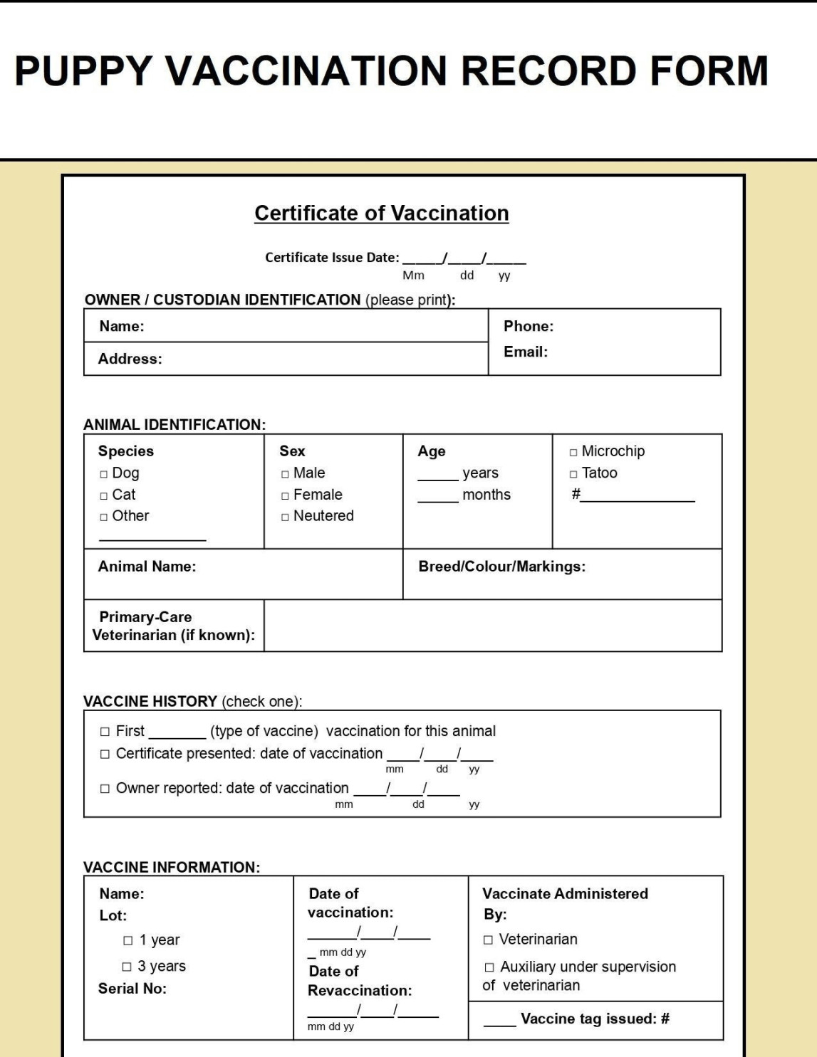 Pet Vaccination Record Template Puppy Vaccination Record Form Dog Pet Vaccination Record Template Puppy Vaccination Record Form Dog