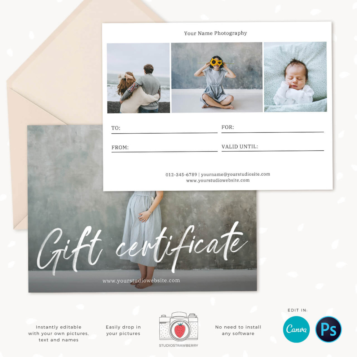 Photography gift certificate template for Canva & Photoshop